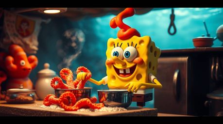 A vibrant and original fine art photograph showcases a sponge character immersed in an underwater kitchen, busily cooking ami