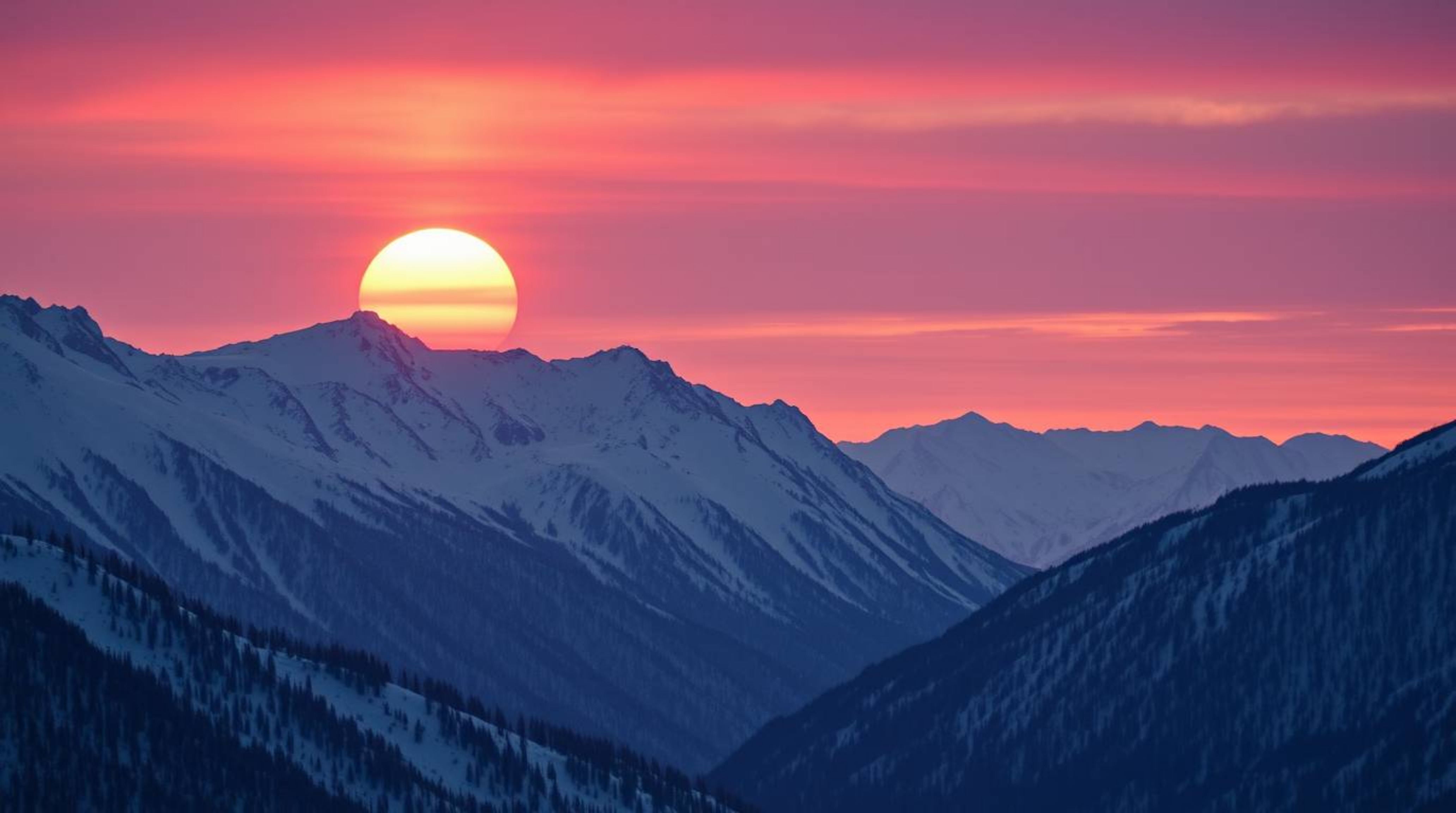 Capture the serene beauty of snow-covered mountains bathed in the warm glow of a pastel sunset.  This image showcases a sophi
