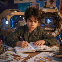 Exquisite high-fashion photography captures a boy with curious brown eyes intensely writing in a space journal with a vibrant