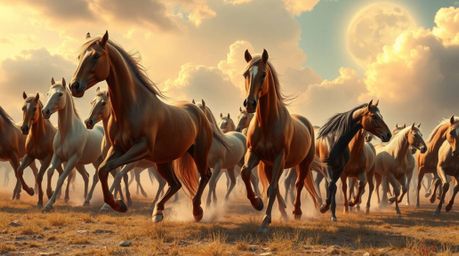 A captivating image depicting a herd of wild horses with elongated limbs and surreal coats, gracefully running under a fantas