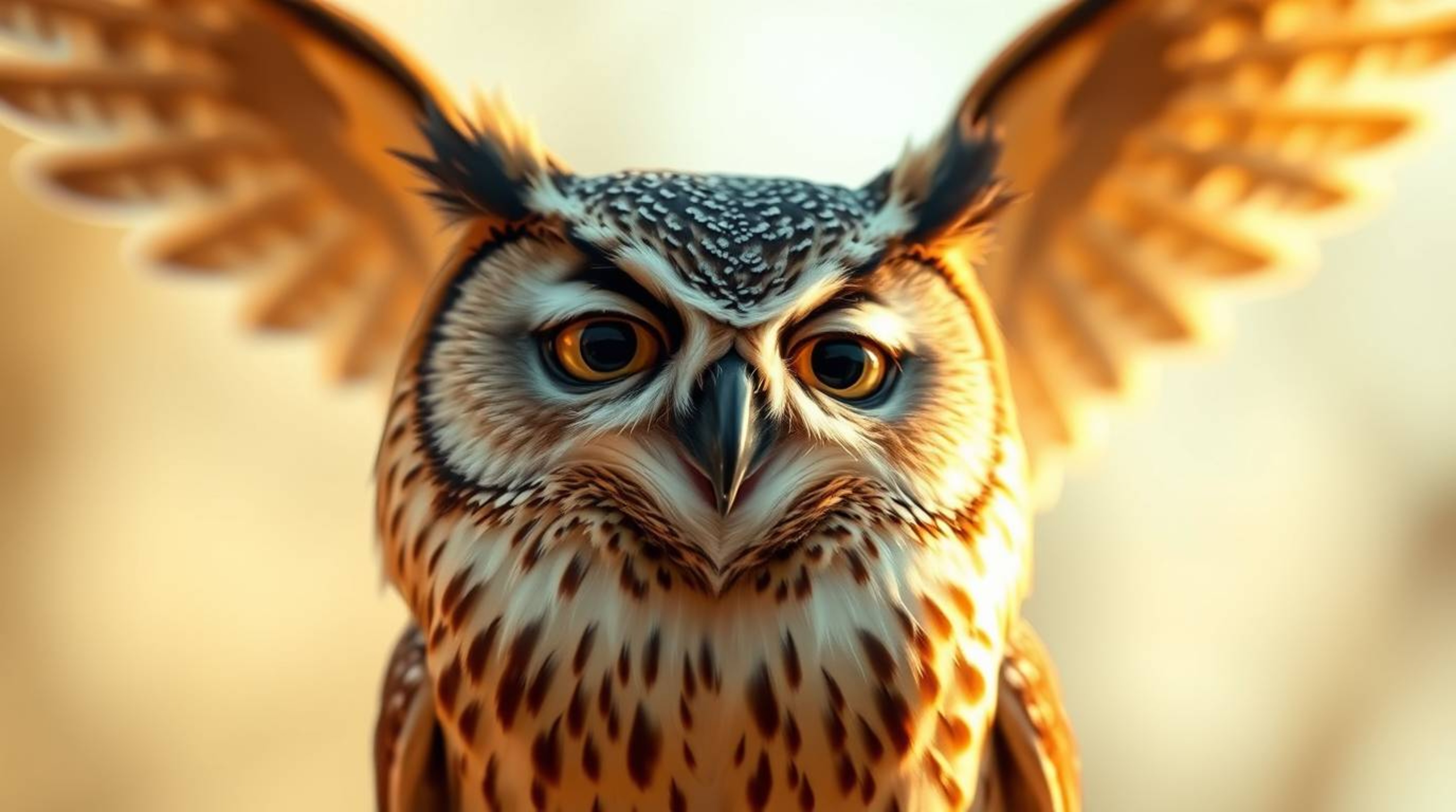A heartwarming and professionally captured photograph depicts a blind owl, rendered in a Pixar-inspired aesthetic, gently enc