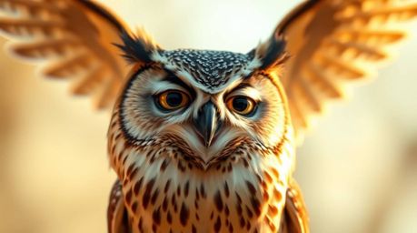 A heartwarming and professionally captured photograph depicts a blind owl, rendered in a Pixar-inspired aesthetic, gently enc