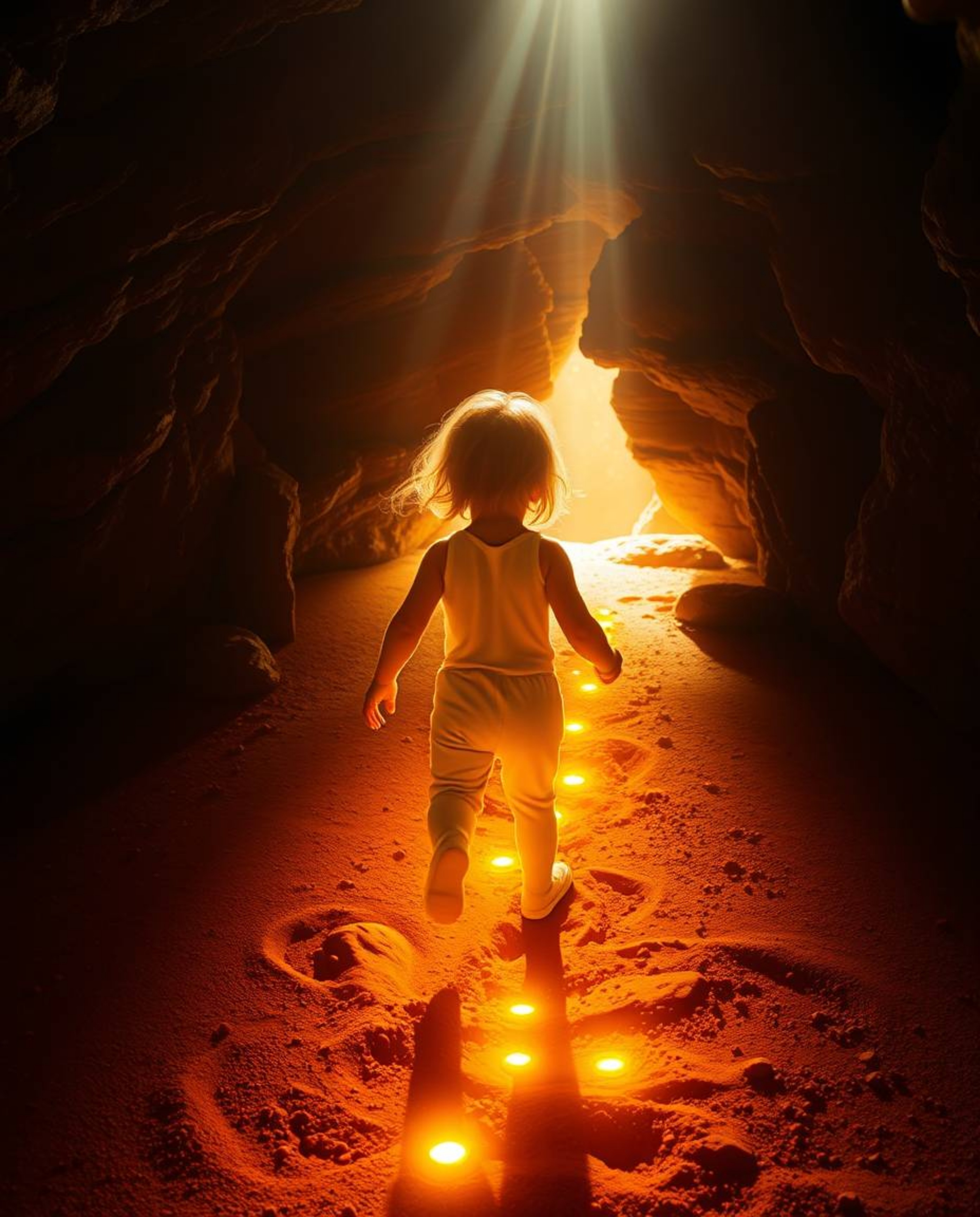 A captivating photographic image depicts a child with sun-kissed skin, embarking on a magical journey into a cave, guided by 