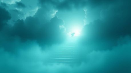 Experience a dreamlike and peaceful scene bathed in gentle, soft light and rich, deep teal tones. Steps made of light ascend 