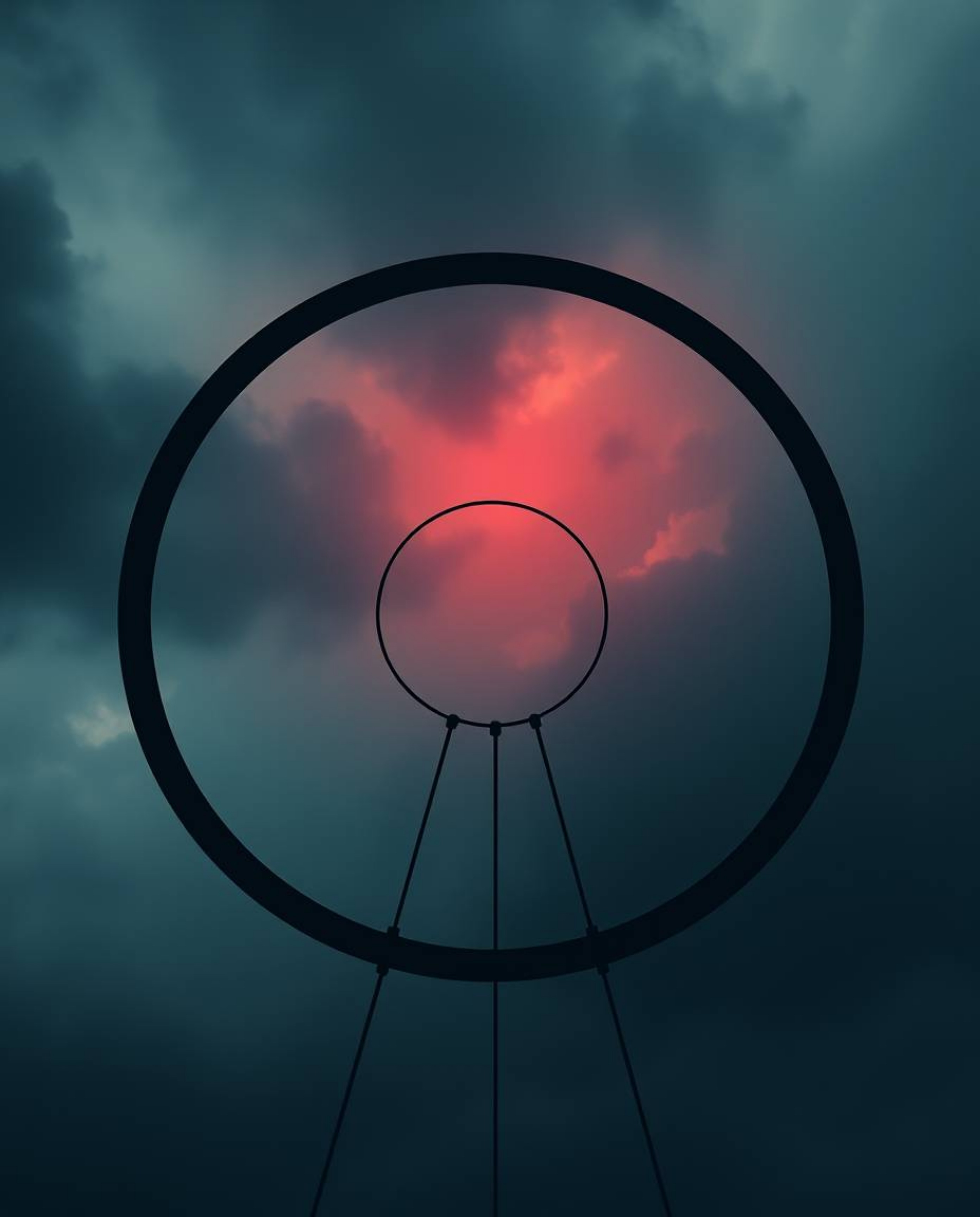 This image captures an intense and dramatic cinematic scene featuring a minimalist geometric pattern of circles and lines in 