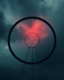 This image captures an intense and dramatic cinematic scene featuring a minimalist geometric pattern of circles and lines in 