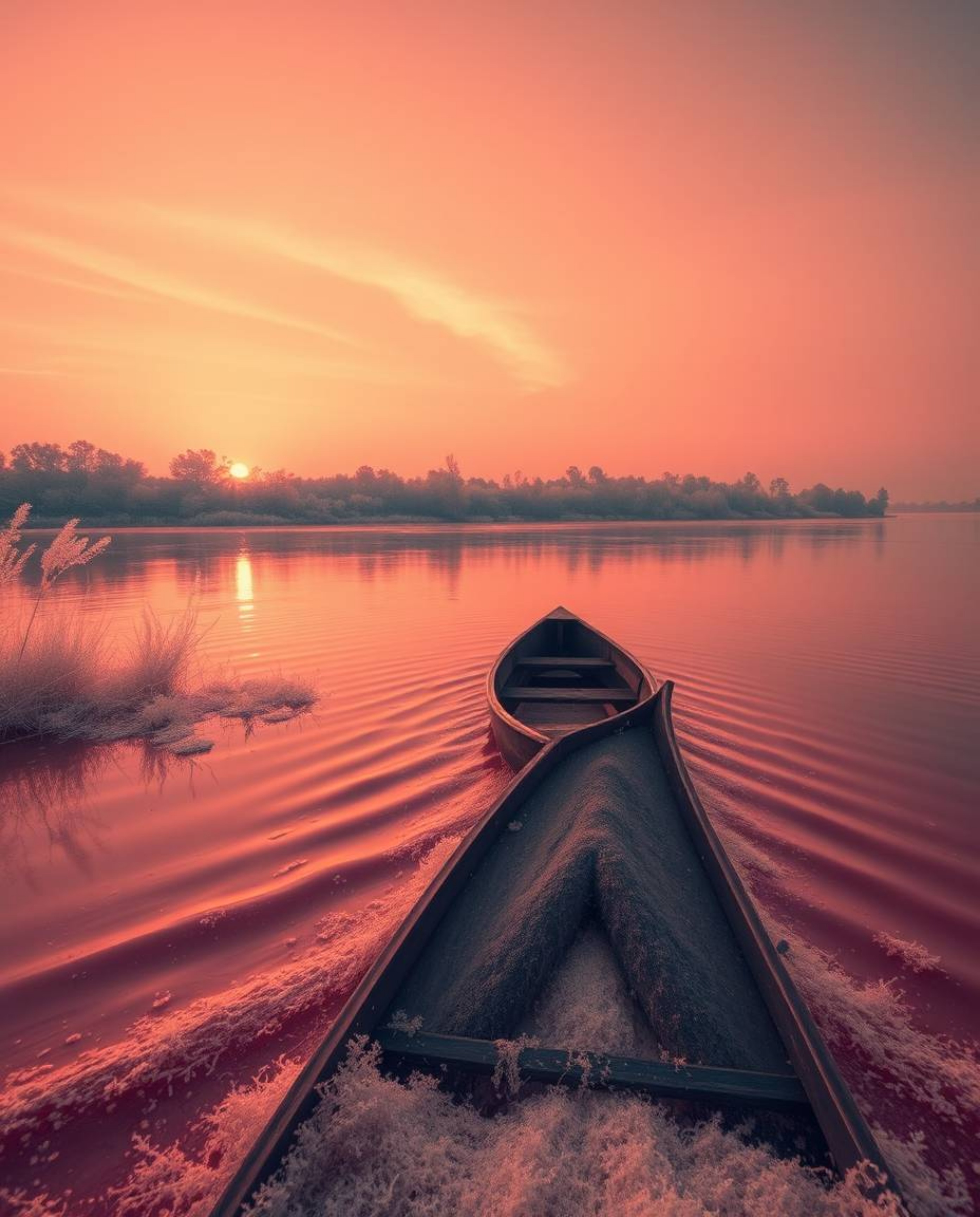 This is an infrared image depicting a boat drifting on a lake during sunset. The scene exhibits warm, candlelight-like surrea