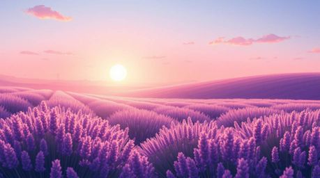 A graceful and elegant illustration depicting lavender fields bathed in the soft glow of a dreamy pink sky. The artwork featu