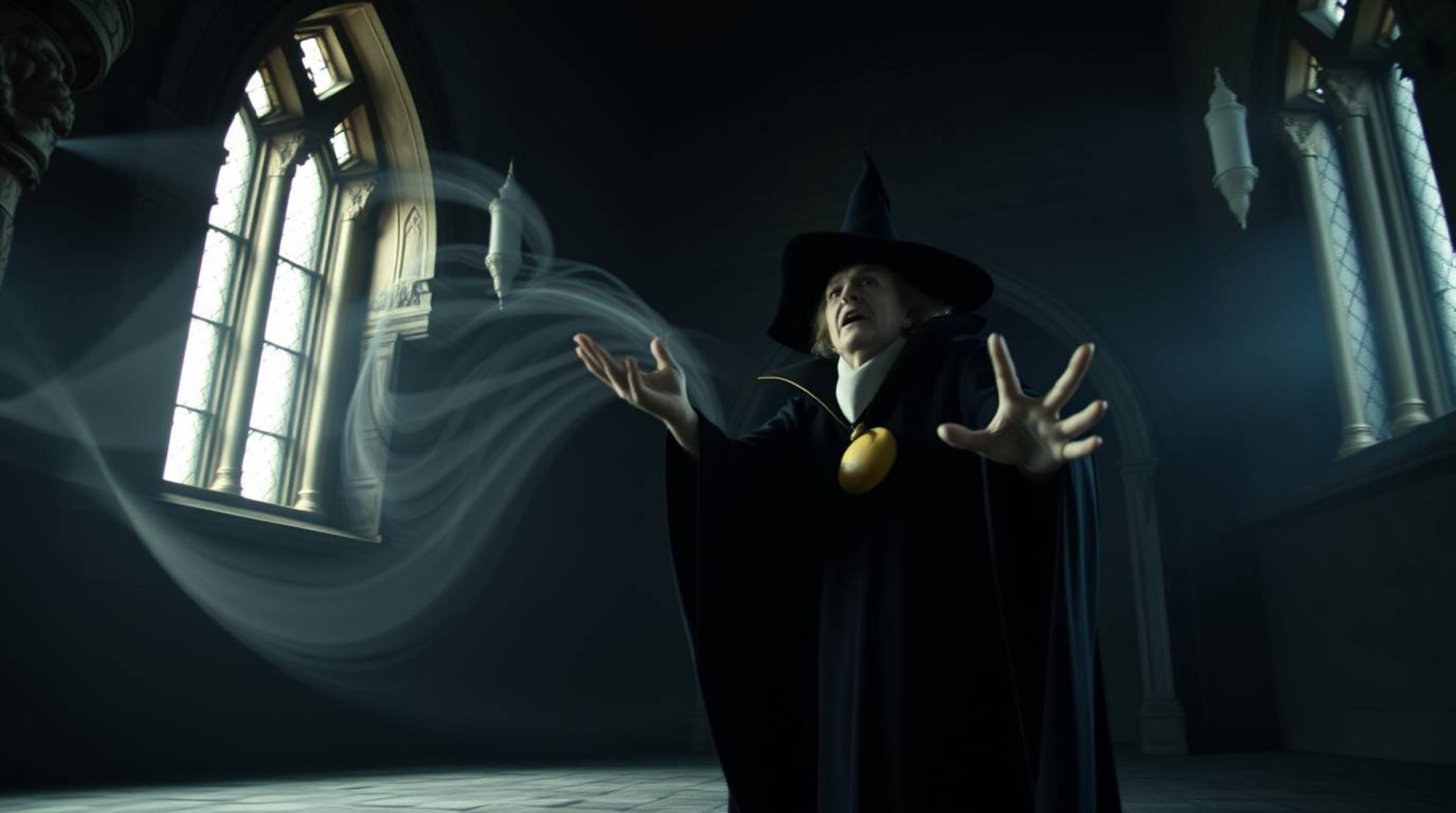 Capture the magic of classic Disney with this long exposure photograph featuring a villain casting a spell in an old castle.