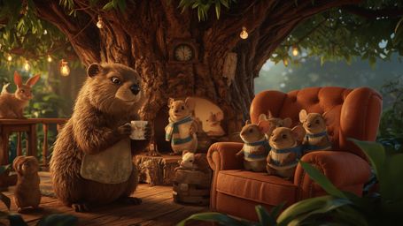 A warm, golden-lit, high-resolution stock photo shows a beaver with soft, fluffy fur and bright, shiny eyes, busily construct