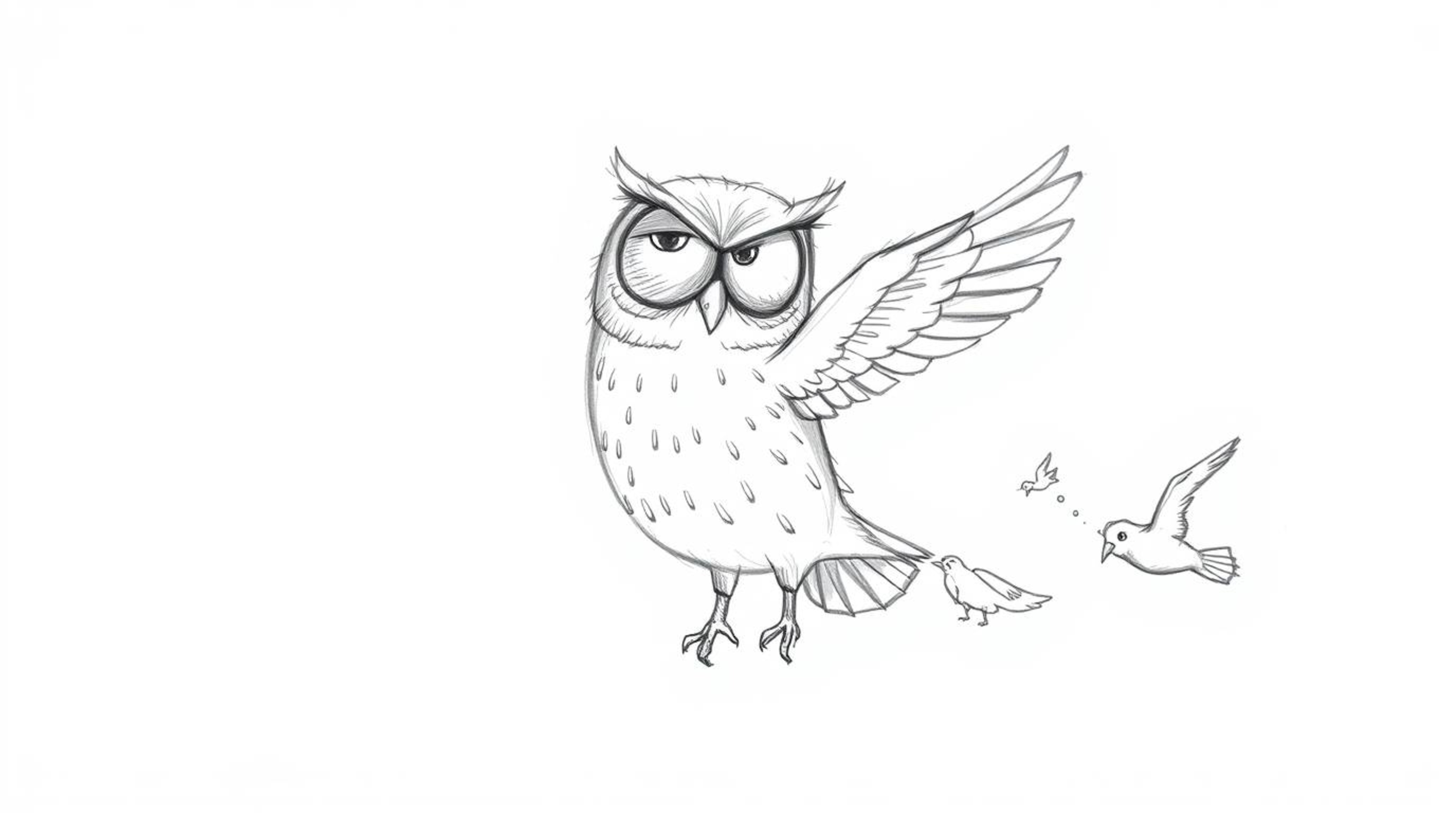 A whimsical, hand-drawn sketch in the style of Pixar depicts a blind owl with expressive, yet sightless, eyes. This gentle cr