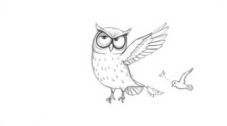 A whimsical, hand-drawn sketch in the style of Pixar depicts a blind owl with expressive, yet sightless, eyes. This gentle cr