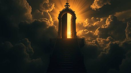An eerie and captivating image depicting a heavenly gate floating above the clouds, with stairs leading upwards. Golden light