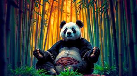 A captivating image of a martial artist panda meditating peacefully in a lush bamboo forest. The scene is brought to life wit