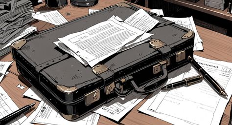 A classic scene featuring a vintage leather briefcase placed carefully on a wooden desk, complemented by a neatly arranged st