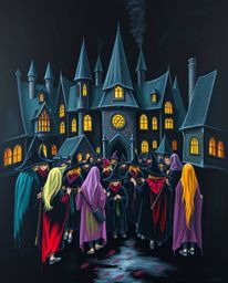 Immerse yourself in a captivating jet black acrylic painting depicting a magical school teeming with young wizards. The pure 