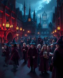 Explore a sophisticated magical school brimming with young wizards, portrayed in an elegant style.  Rich burgundy and deep bl