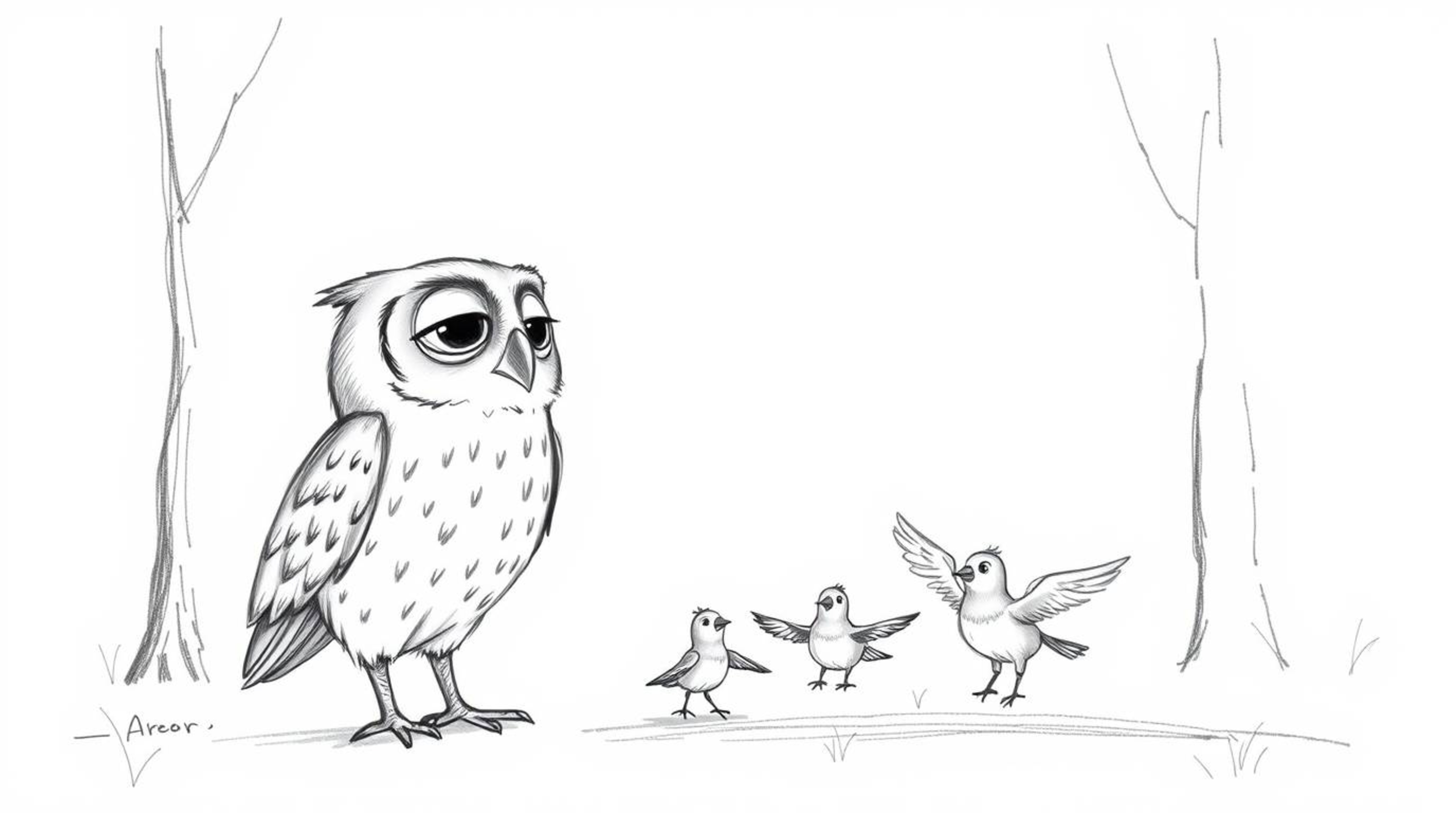 A heartwarming hand-drawn sketch in the style of Pixar, featuring a wise, blind owl with expressive features teaching a flock