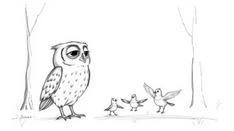 A heartwarming hand-drawn sketch in the style of Pixar, featuring a wise, blind owl with expressive features teaching a flock
