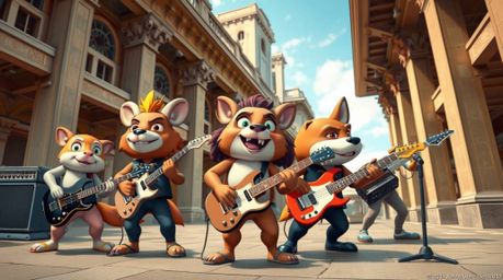 A precise architectural color photograph captures a band of cartoon animals playing rock music in a unique and vibrant settin
