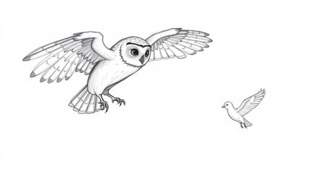 A captivating hand-drawn sketch in the style of Pixar depicts a blind owl in mid-flight, teaching a flock of birds.  The roug
