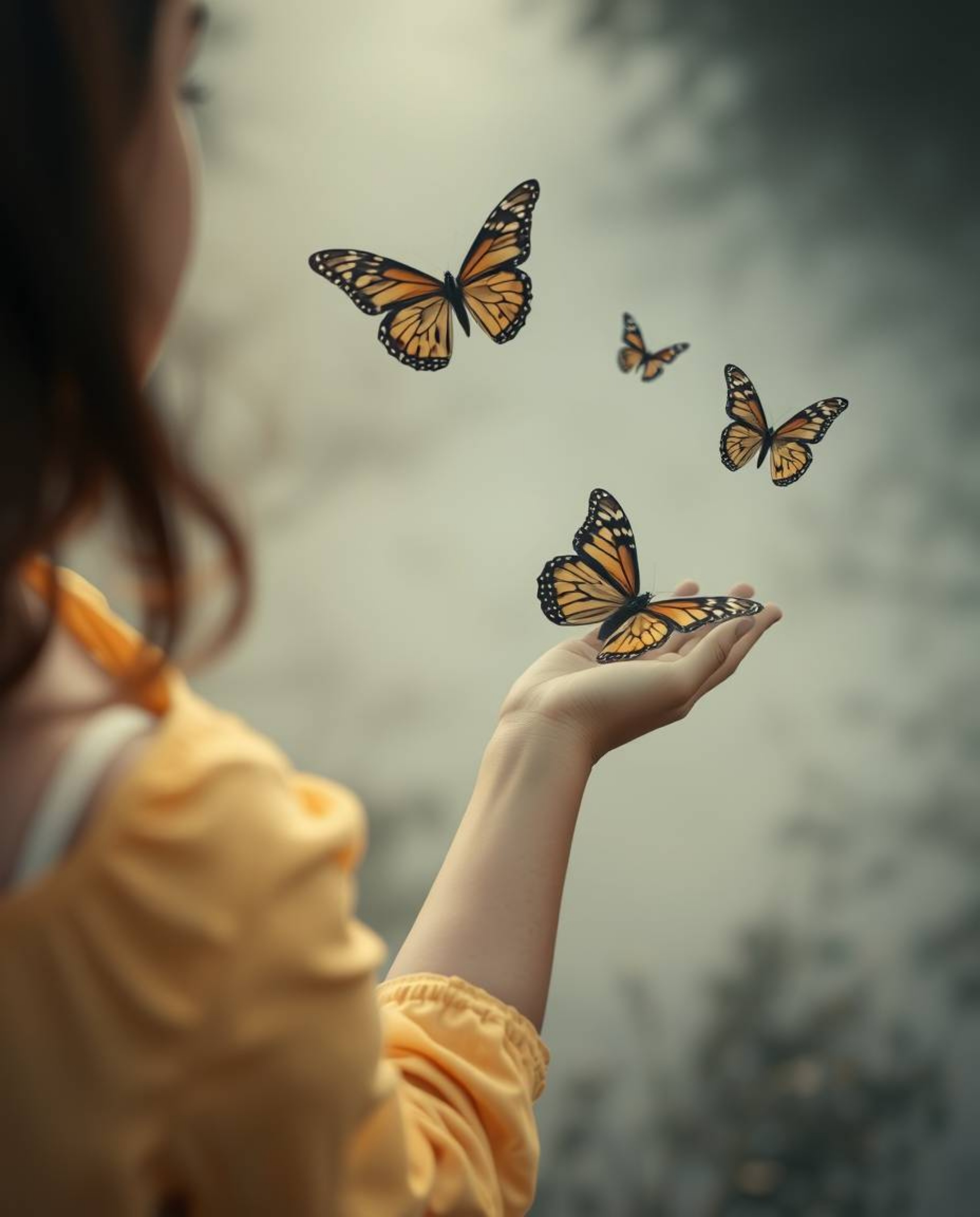 This captivating photograph captures a high-angle perspective of a girl gracefully releasing butterflies into the air. The im
