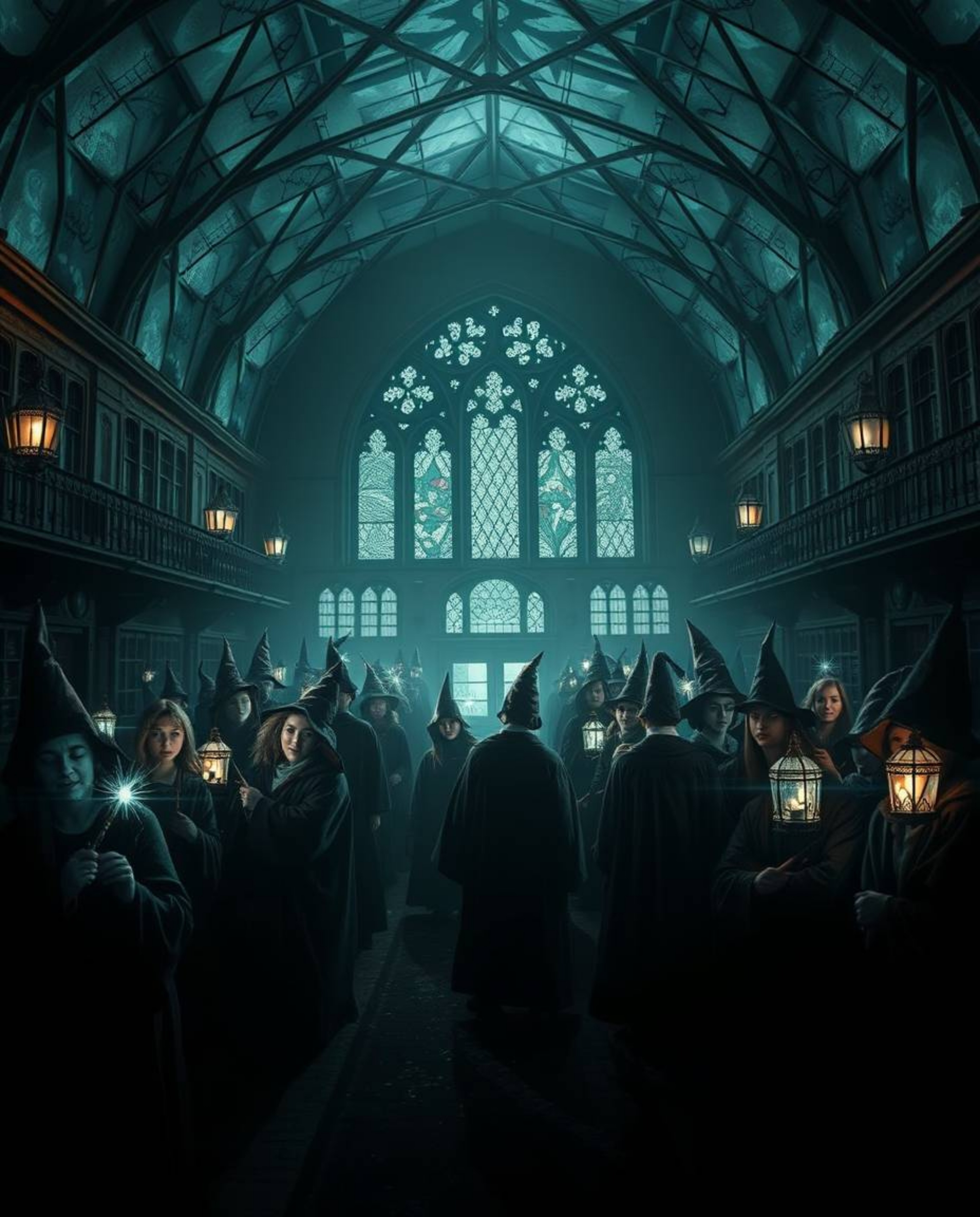 A creative light art image depicts a magical school brimming with young wizards, establishing an eerie and creepy atmosphere.