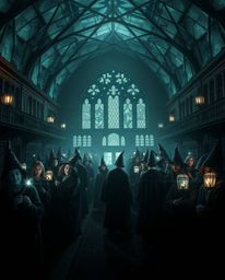 A creative light art image depicts a magical school brimming with young wizards, establishing an eerie and creepy atmosphere.