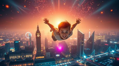 Witness a breathtaking scene of a young boy soaring through the air, dusted with pixie particles, above a futuristic London s