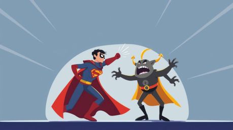 A dynamic illustration showcases a modern flat design depicting a superhero in a dramatic low-angle showdown against a comica