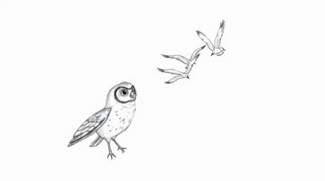 A hand-drawn sketch in the style of Pixar depicts a blind owl, its soft feathers detailed with rough pencil strokes, teaching