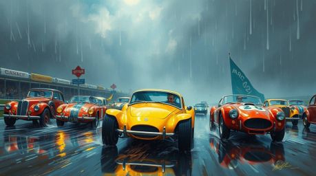Experience the thrill of a wacky racing scene brought to life in a classic oil painting style. Outlandish cars speed through 