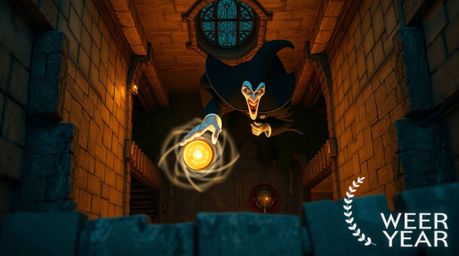 A captivating overhead shot captures a classic Disney villain casting a spell within the ancient walls of a majestic castle. 