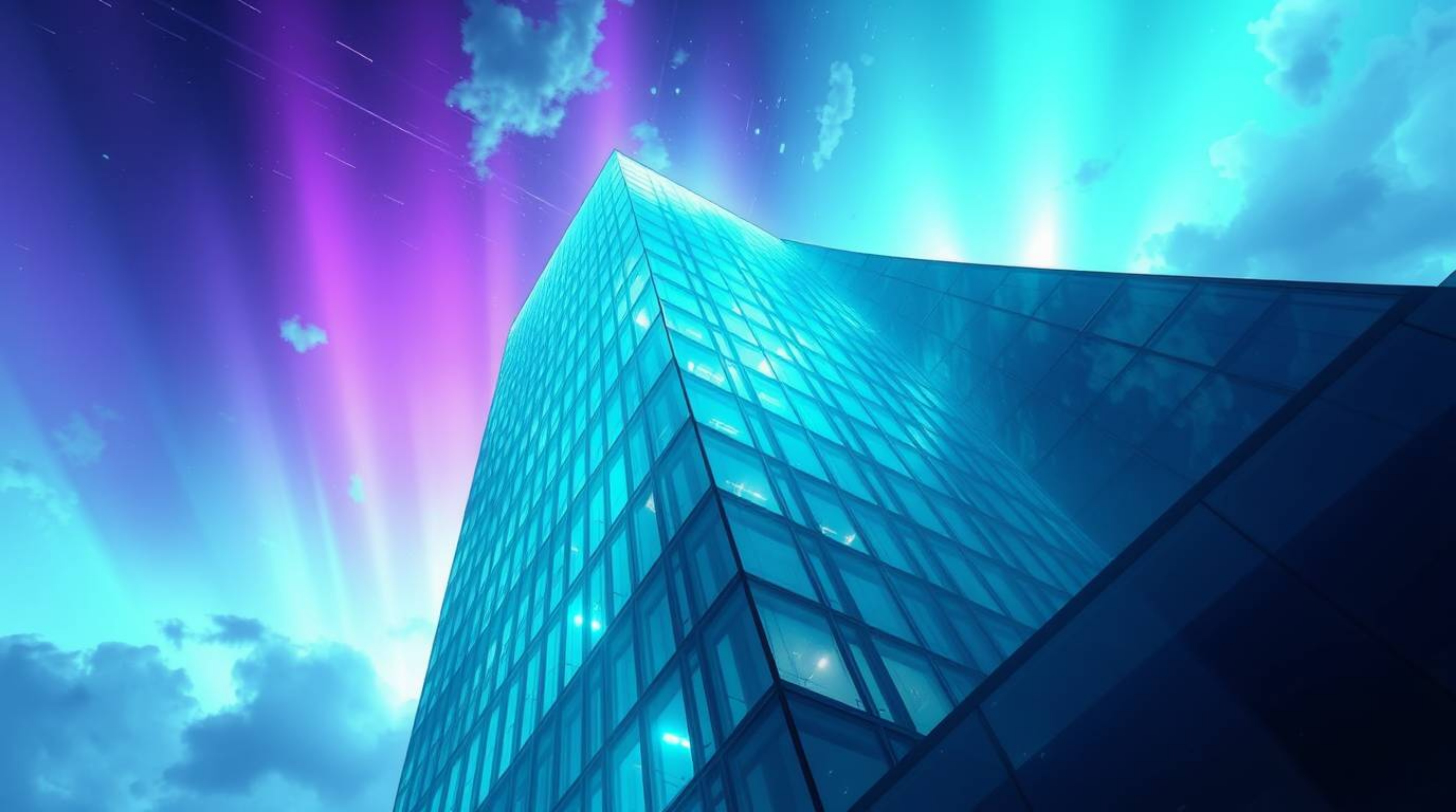 A captivating digital painting depicting a modern glass building gracefully dissolving into a vibrant sky, bathed in glowing 