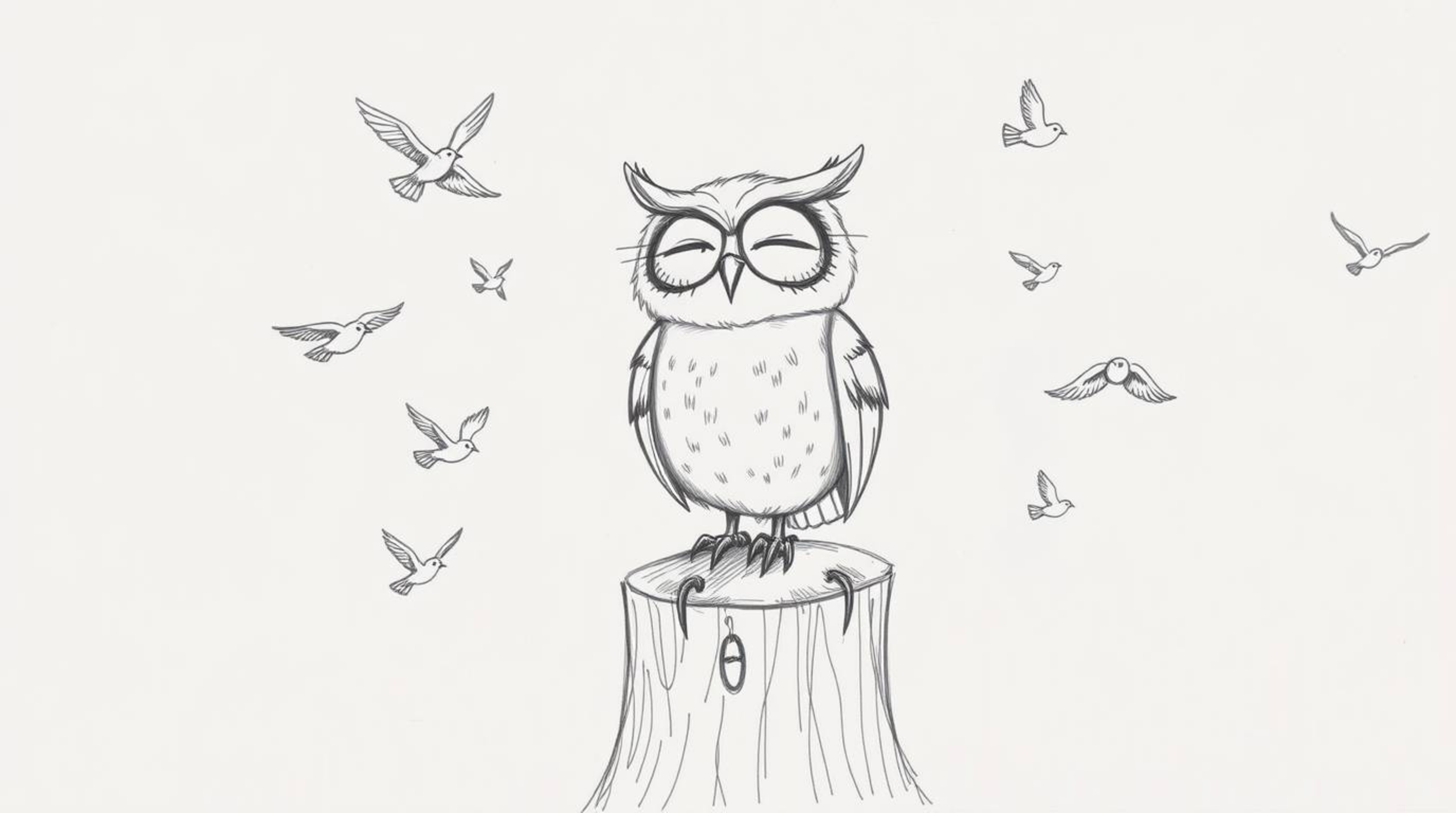This hand-drawn pencil sketch, reminiscent of Pixar animation, features a charming blind owl with a gentle smile, sitting pro