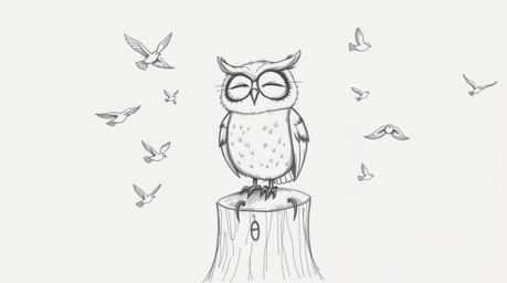 This hand-drawn pencil sketch, reminiscent of Pixar animation, features a charming blind owl with a gentle smile, sitting pro