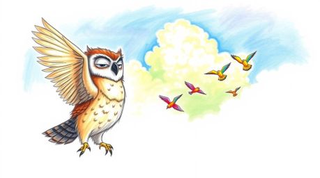 A heartwarming Pixar-style illustration featuring a gentle, blind owl with outstretched wings, guiding a vibrant flock of bir
