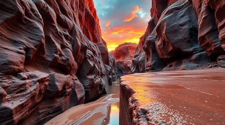Stunning architectural color photograph capturing a rocky canyon awash in the golden warmth of the sunset. The scene is alive