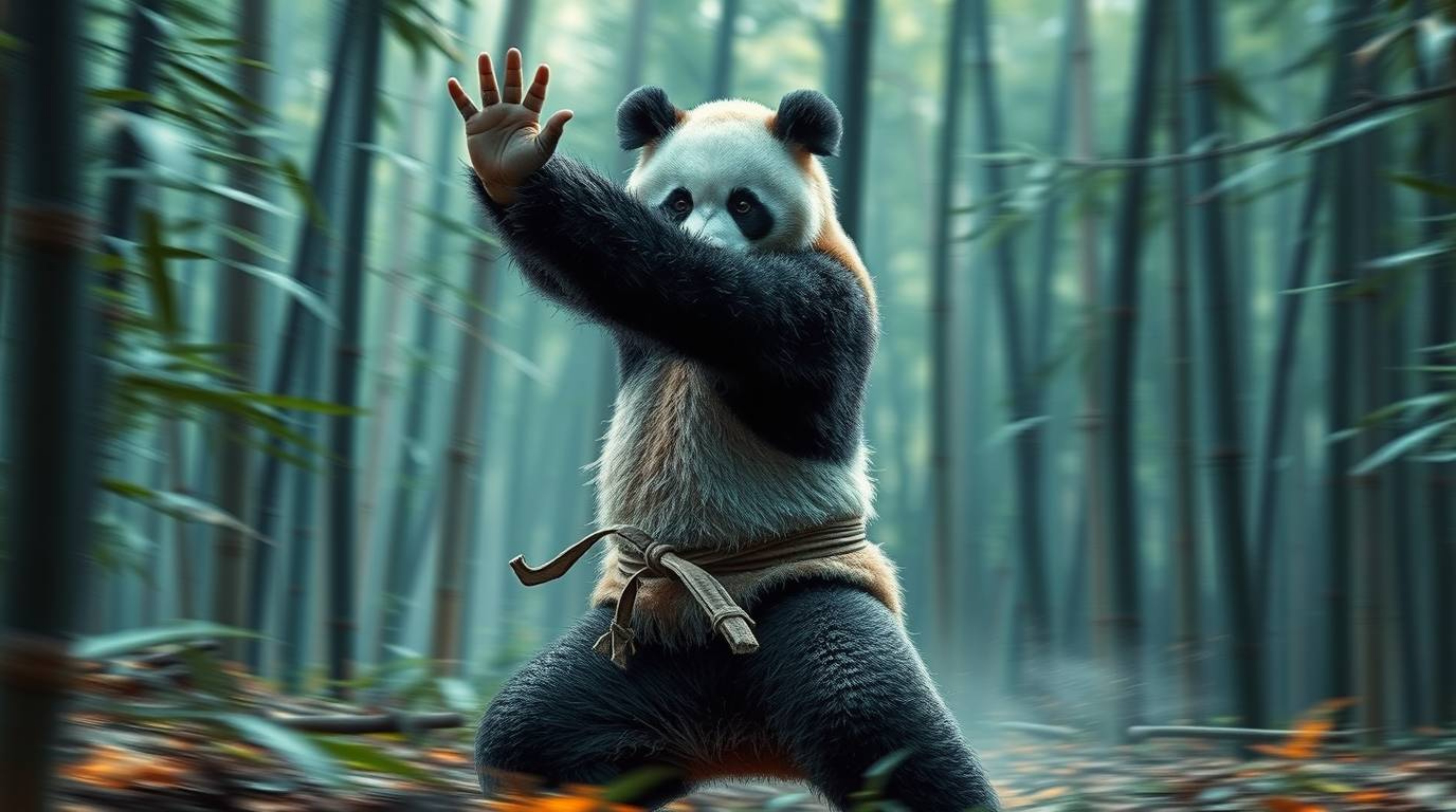 A dynamic martial artist panda, captured in motion, finds serenity in a bamboo forest meditation. The scene, rendered in rich