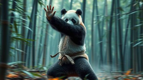 A dynamic martial artist panda, captured in motion, finds serenity in a bamboo forest meditation. The scene, rendered in rich