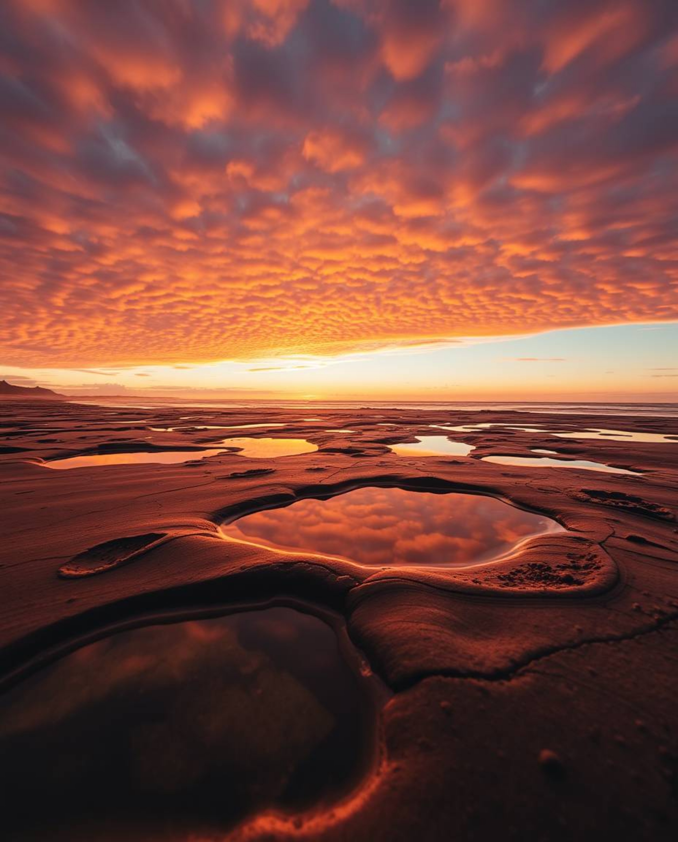 A warm autumnal high-angle perspective photograph, taken from an elevated viewpoint, depicts a beautiful sunset sky mirrored 