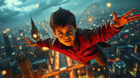 A young boy with determined features soars above a grand, futuristic London cityscape, propelled by glowing pixie dust. The s
