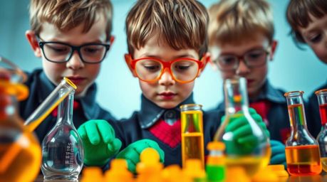 This stunning composition captures an extreme macro close-up featuring vibrant complementary colors. A group of quirky childr