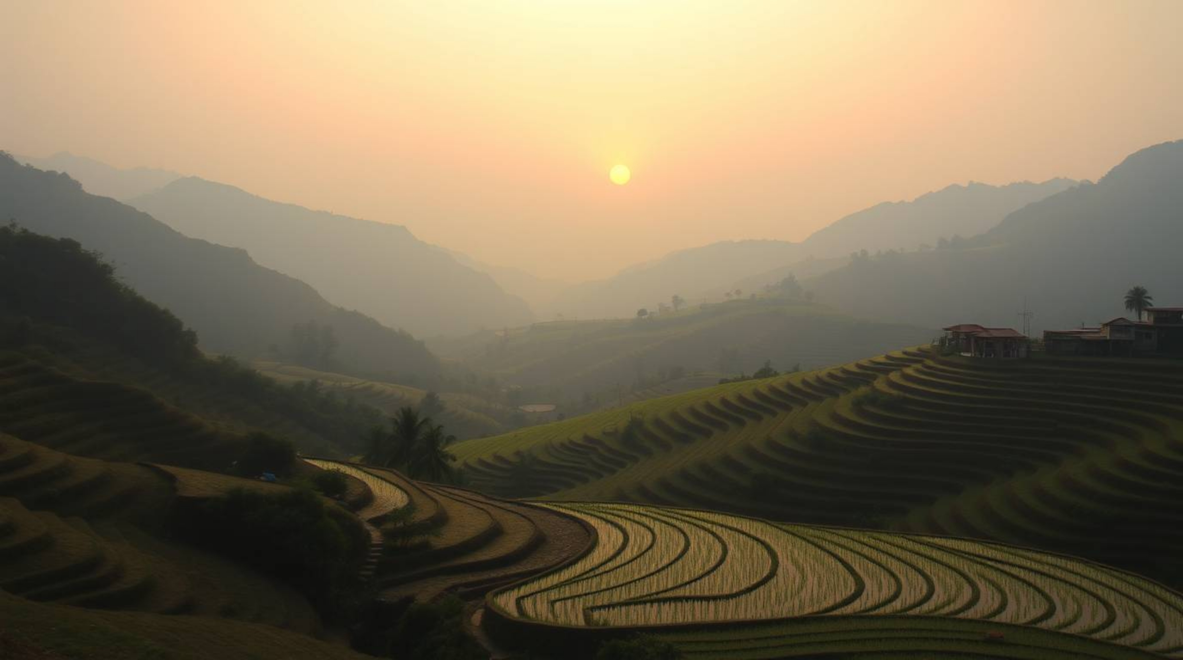 A precise, architectural color photograph captures the soft, dreamy atmosphere of a sunset gracefully painting the rice terra