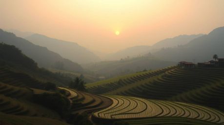A precise, architectural color photograph captures the soft, dreamy atmosphere of a sunset gracefully painting the rice terra