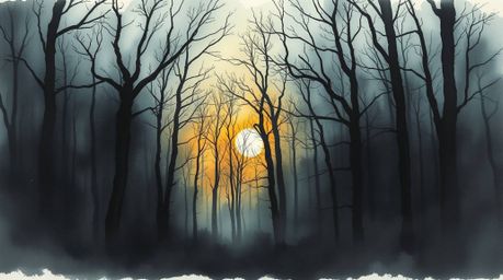 A delicate watercolor painting evokes an eerie and creepy atmosphere. Sunset light filters through a dense forest, creating a