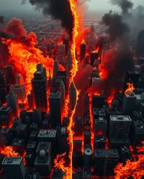 A city ablaze, dramatically divided into distinct sections with sharp dividing lines and high contrast, offers a visually str