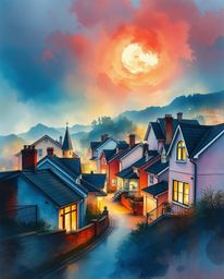 This artwork portrays a sleepy town in a dramatic, cinematic watercolor style. The pastel-colored houses and artistic lightin