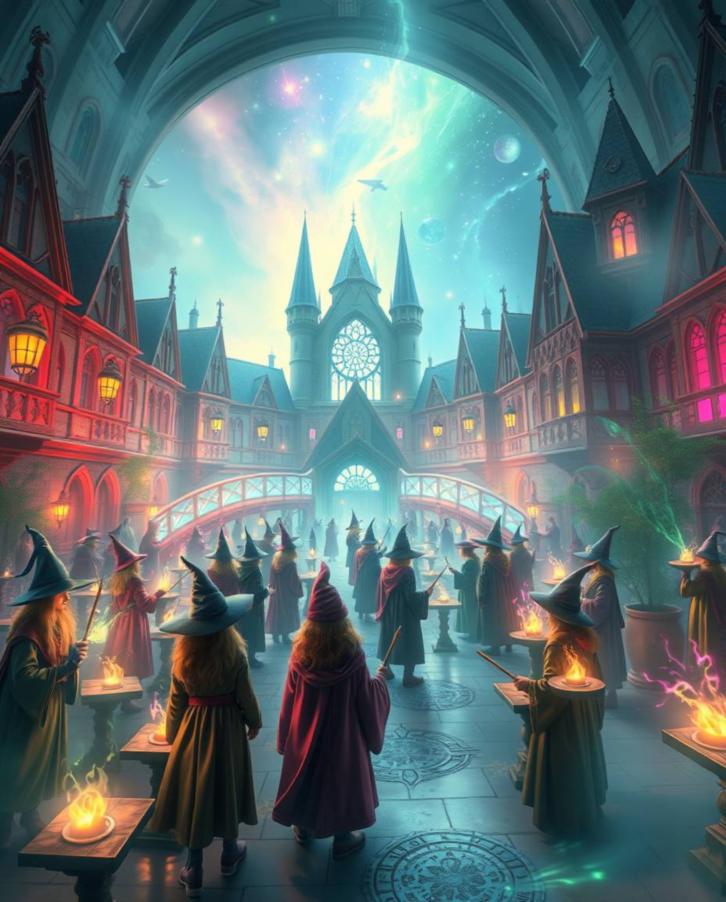 Explore a magical school teeming with young wizards, brought to life in a grand and epic scene. Imagine vibrant bioluminescen