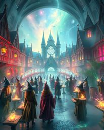 Explore a magical school teeming with young wizards, brought to life in a grand and epic scene. Imagine vibrant bioluminescen